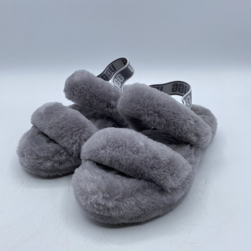 UGG Fluff Yeah Slide Kids Size 2 Gray Sheepskin Fuzzy Slippers Sandals